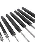 Tough As Nails 18 Piece Roll Pin Punch Set With 8 Inch Long And 4 Inch Short Pins sized 1/16 to 3/8 inch close-up of pin punches