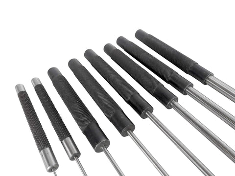 Tough As Nails 18 Piece Roll Pin Punch Set With 8 Inch Long And 4 Inch Short Pins sized 1/16 to 3/8 inch close-up of pin punches