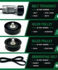 Beefy Serpentine Belt Tensioner Kit With Belt And Idler Pulley For Hyundai Sonata Tucson Showing Parts and Part Numbers