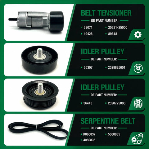 Beefy Serpentine Belt Tensioner Kit With Belt And Idler Pulley For Hyundai Sonata Tucson Showing Parts and Part Numbers