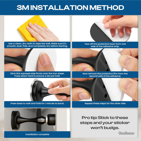 3M installation method for Grip Tight Magnetic Door Stops, showing step-by-step adhesive application and secure mounting.