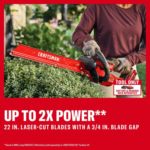 Person using V20 Brushless Cordless Hedge Trimmer 22 Inch With Hedge Sweep Attachment on bushes, laser-cut blades visible