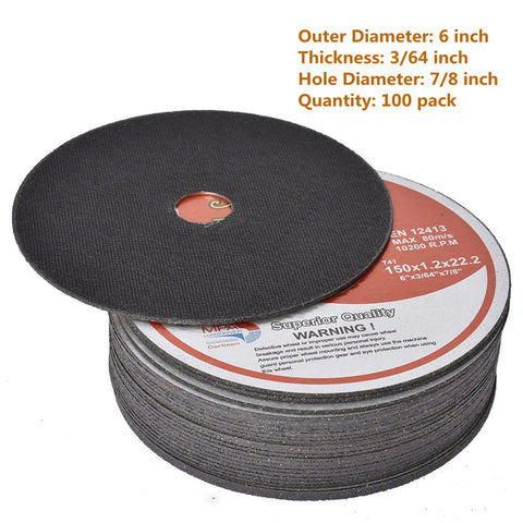 Six Inch Cut Off Wheel Set 0.045 Inch Thick Seven Eighths Inch Arbor 100 Pack For Metal And Stainless Steel Cutting Discs fit for grinders.