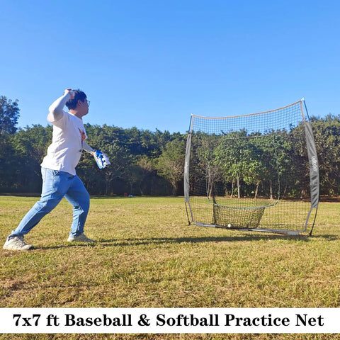 Person practicing pitching with Heavy Duty 7x7ft Portable Baseball And Softball Practice Net With Carry Bag for batting, hitting, and pitching.