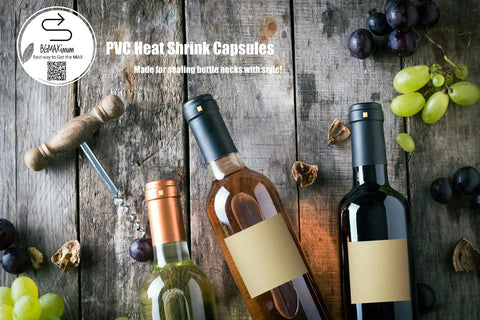 Premium PVC Heat Shrink Wine Bottle Capsules 120 Count Black Red Gold Cork Seal Wrap For Cellars And Home Wineries on a wooden surface