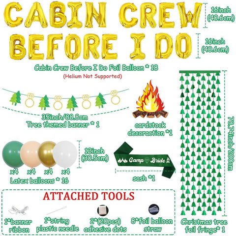 Camping Bachelorette Party Kit With Cabin Crew Before I Do Balloons Foil Fringe Curtain Banner Garland Camp Bride Sash And Party Decor displayed with tools and measurements.