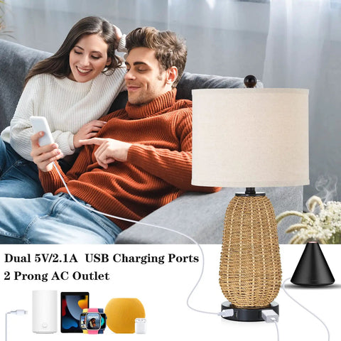 Rattan Style Table Lamps Set Of 2 With Touch Dimming 3 Way Brightness USB Ports And AC Outlet Nightstand Lamps in living room