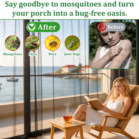 Two Pack Mosquito Netting For Patio And Garden Black 10 X 16.5 Ft Poly Mesh Screen Keeps Bugs Out protecting patio with view.