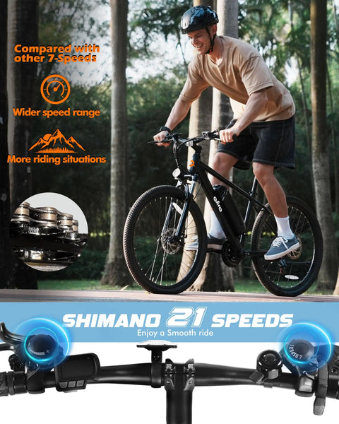Person riding Gnarly Urban Electric Mountain Bike For Adults And Teens with 28 MPH Peak, 21 Speed Gearing in a forest.