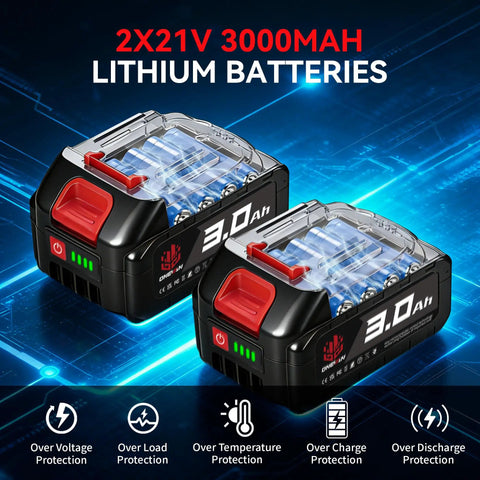 Two 21V 3.0Ah batteries for Six In One Cordless Pole Saw And Hedge Trimmer With Long Reach Telescopic Pole For Tree Trimming