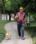 Man walking a dog wearing a Five Pack Reflective Bump Cap Hard Hat With Breathable Lightweight Safety Cap For Men And Women Adjustable Size