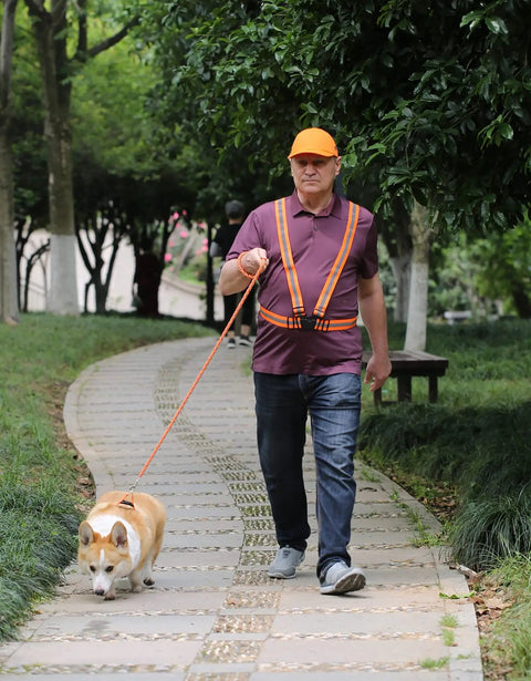 Man walking a dog wearing a Five Pack Reflective Bump Cap Hard Hat With Breathable Lightweight Safety Cap For Men And Women Adjustable Size