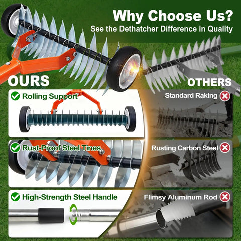 Comparison of wheeled dethatching rake with 15 inch heavy duty stainless steel head and adjustable long handle versus traditional rakes.