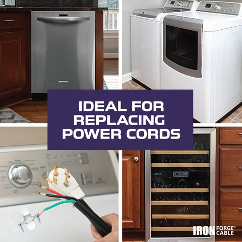 Heavy Duty 4 Prong Dryer Cord 12 Foot Long Nema 14-30 Plug 30 Amp in a laundry room beside appliances and power outlet.