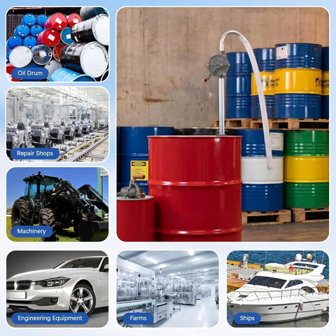 55 Gallon Drum Pump Heavy Duty Aluminum Manual Barrel Pump displayed with various drums and industrial settings.