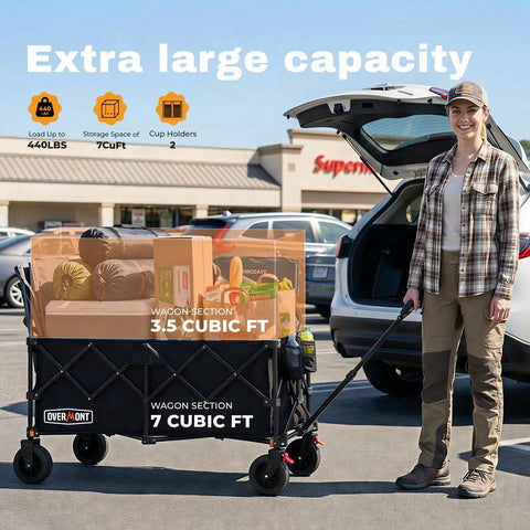 Woman using 46.6 Inch Heavy Duty Collapsible Wagon Cart With 440 Lb Capacity And Beefy All Terrain Wheels for grocery shopping