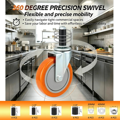 5 Inch Heavy Duty Expanding Stem Swivel Caster Wheels Universal Fit For Stainless Steel Prep Tables with 360-degree mobility.