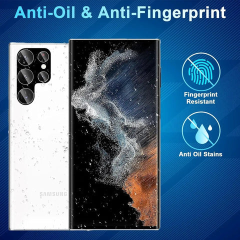 Galaxy S22 Ultra Screen Protector And Lens Guard Bundle showing anti-oil and fingerprint resistant features.