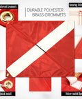 Diver Down Warning Flag With Removable Stiffening Pole 20 By 24 Inch Red And White Diving Flag with grommets and stitching detail