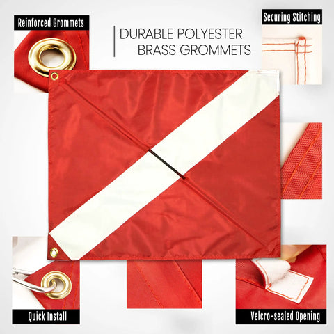 Diver Down Warning Flag With Removable Stiffening Pole 20 By 24 Inch Red And White Diving Flag with grommets and stitching detail