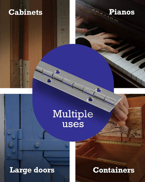 24 Inch Continuous Pin Hinge Nickel Finish, One And One Quarter Inch Wide, Surface Mounted Easy Install, Rust Resistant Steel illustration