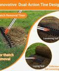 Dual Action Thatch Rake With Two Distinct Tine Profiles For Lawn Dethatching And Soil Care, showing tine design and usage