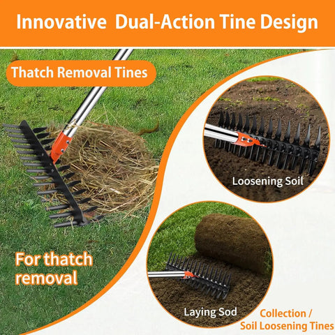 Dual Action Thatch Rake With Two Distinct Tine Profiles For Lawn Dethatching And Soil Care, showing tine design and usage