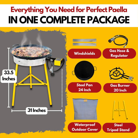 Outdoor Paella Burner And Stand Kit With 24 Inch Enamel Pan Dual Propane Stove Regulator Weatherproof Cover For Camping Crawfish Boil Tailgating And Big Outdoor Feasts