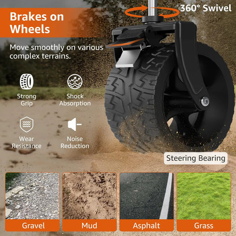 Close-up of 360° swivel wheel of Beast Of A Heavy Duty Collapsible Wagon Cart With Folding Wheels, showing terrain versatility.