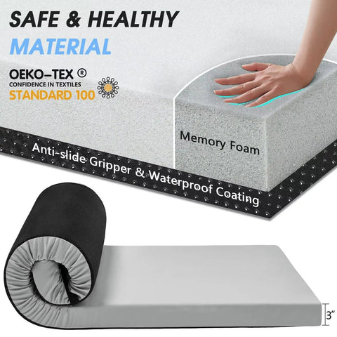 3 Inch Memory Foam Camping Pad For Car Camping And Tents, featuring cushy roll-up design with non-slip waterproof bottom and removable cover.