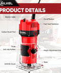 Heavy Duty 800W Compact Wood Router With 30000 RPM Kick And Complete 15 Piece Bit Set overview with key features and parts.