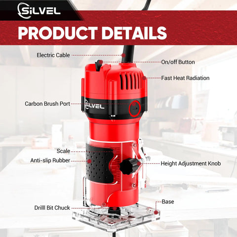 Heavy Duty 800W Compact Wood Router With 30000 RPM Kick And Complete 15 Piece Bit Set overview with key features and parts.