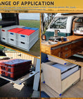 Various uses of Heavy Duty Drawer Slides With Lock, 500 Lb Capacity, Full Extension Ball Bearing, Side Mount Rails in vehicles and storage.