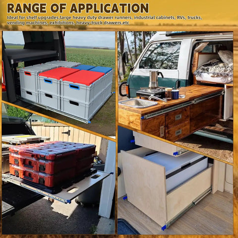 Various uses of Heavy Duty Drawer Slides With Lock, 500 Lb Capacity, Full Extension Ball Bearing, Side Mount Rails in vehicles and storage.