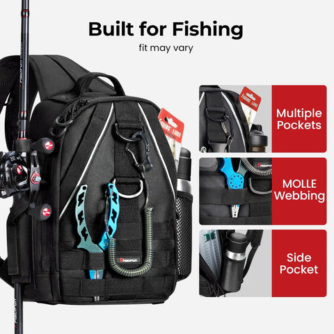 Gear Up Fishing Backpack with Rod Holder and Lightweight Sling Design showcasing pockets and MOLLE webbing