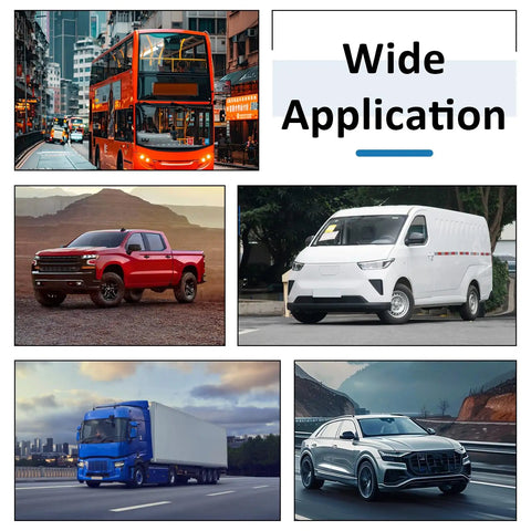 Collage showing various vehicles, including a bus, truck, van, and SUV, demonstrating wide application of 28 Inch Wiper Blade Refill Set.