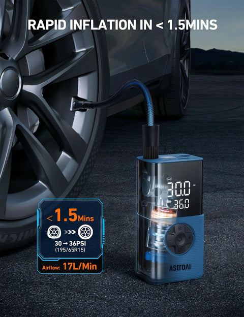 On The Go Portable Tire Inflator L7S Cordless Air Compressor With Digital Dual Value Display near car tire showing rapid inflation