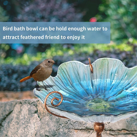 Blue Glass Bird Bath And Feeder With Metal Stake For Yard And Garden 31 Inch Outdoor Height Four Pronged Stable Base Easy Setup