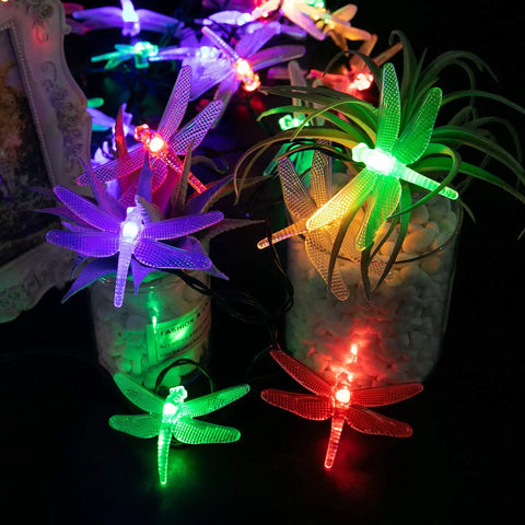 Colorful dragonfly-shaped outdoor solar string lights on display, featuring vibrant red, green, and purple LEDs, ideal for garden decor.