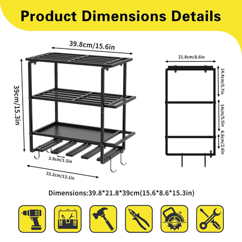 Dimensions of Must Have 4 Layer Power Tool Organizer Wall Mount With Heavy Duty Metal Shelves Cordless Drill Holder shown.