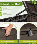 Hydraulic air rod mechanism for Heavy Duty 80 Gallon Outdoor Storage Box Top Shelf Resin Deck Crate with lockable lid.