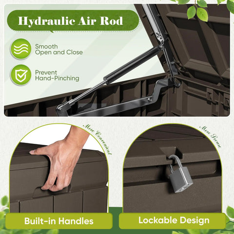 Hydraulic air rod mechanism for Heavy Duty 80 Gallon Outdoor Storage Box Top Shelf Resin Deck Crate with lockable lid.