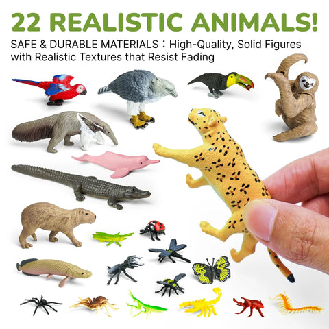 Rainforest Diorama Kit With 33 Pieces PVC animals and insects, including cheetah and parrot figures held in hand, showcasing realistic textures.