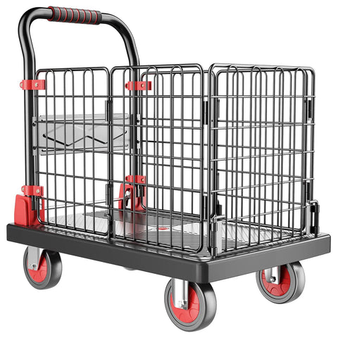 Heavy Duty Workhorse Fence Push Cart Dolly With Cage Foldable Platform Hand Truck For Moving Heavy Loads Up To 880 Lbs with 5 Inch 360 Degree Swivel Silent Wheels.