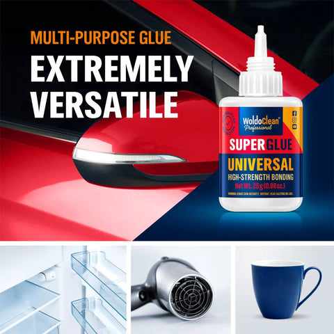 All Purpose Super Glue 25g Quick Drying Clear Adhesive For Metal Plastic Wood Ceramic Glass Repairs Crystal Clear Ultra Strong Bond Waterproof And Heat Resistant Ideal For DIY Fixes Crafts And Auto Touch Ups next to red car panel, shelves, hair dryer, blue mug