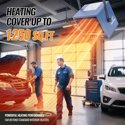 7500W Electric Garage Heater 240V Hardwired Ceiling Mount Shop Heater in operation in a garage with mechanics working on cars.