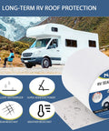 6 Inch By 50 Feet RV Roof Tape 1 Pack Heavy Duty Self Priming Butyl Sealant For Leak Repair On Camper Trailer Truck Stop Roof Windows Boats Waterproof UV Resistant White Roofing Tape displayed with RV and landscape backdrop.