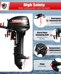 Nazeaob 2 Stroke 18HP Outboard Motor For Fishing Boats 246CC Heavy Duty Engine With CDI Ignition And Water Cooling System Long Shaft Boat Engine With Three Gear F N R 4500 To 5500 RPM Beast, shown with safety features labeled.
