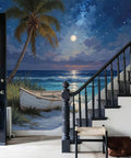 Beach Night Sky Oil Painting Photo Wallpaper With Ocean Rowing Theme Large Wall Mural For TV Backdrop And Chill Bedroom