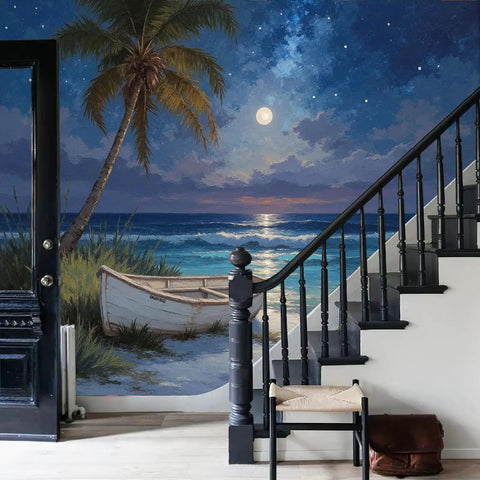 Beach Night Sky Oil Painting Photo Wallpaper With Ocean Rowing Theme Large Wall Mural For TV Backdrop And Chill Bedroom